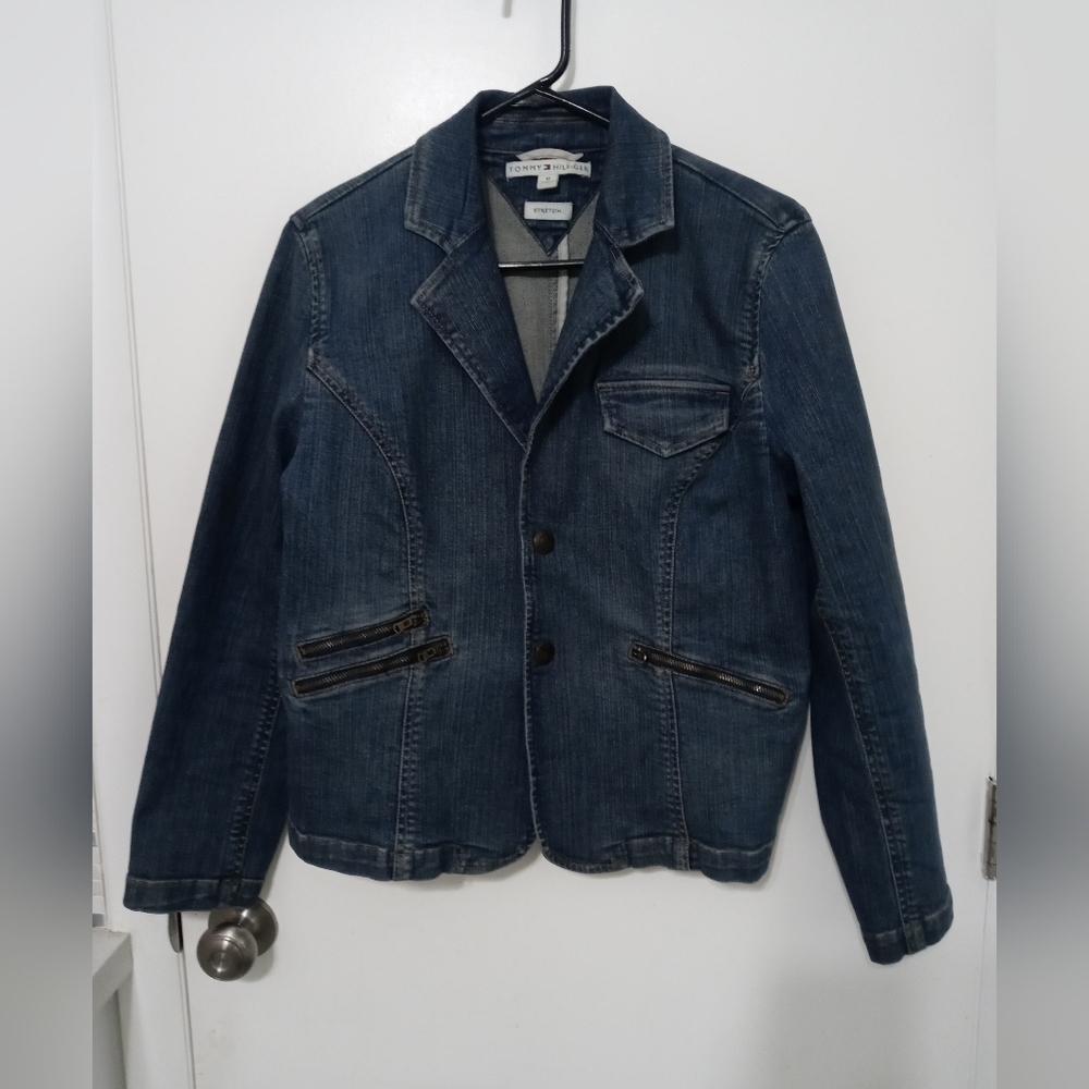 Vintage Tommy Hilfiger Snap up stretch denim jacket w zipper pockets